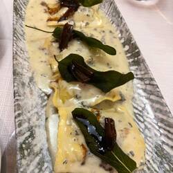Cheese ravioli with blue cheese sauce