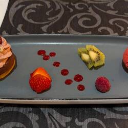 Chocolate/raspberry mousse tart and strawberry sorbet