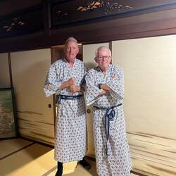 Mike and Ian in evening gowns