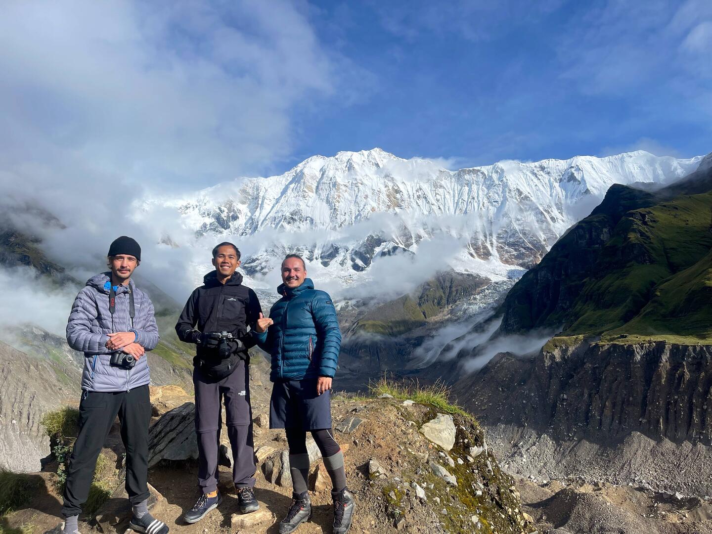 Antonin and Pierre-Etienne, my two very fun friends to trek with with Annapurna 1 in the background