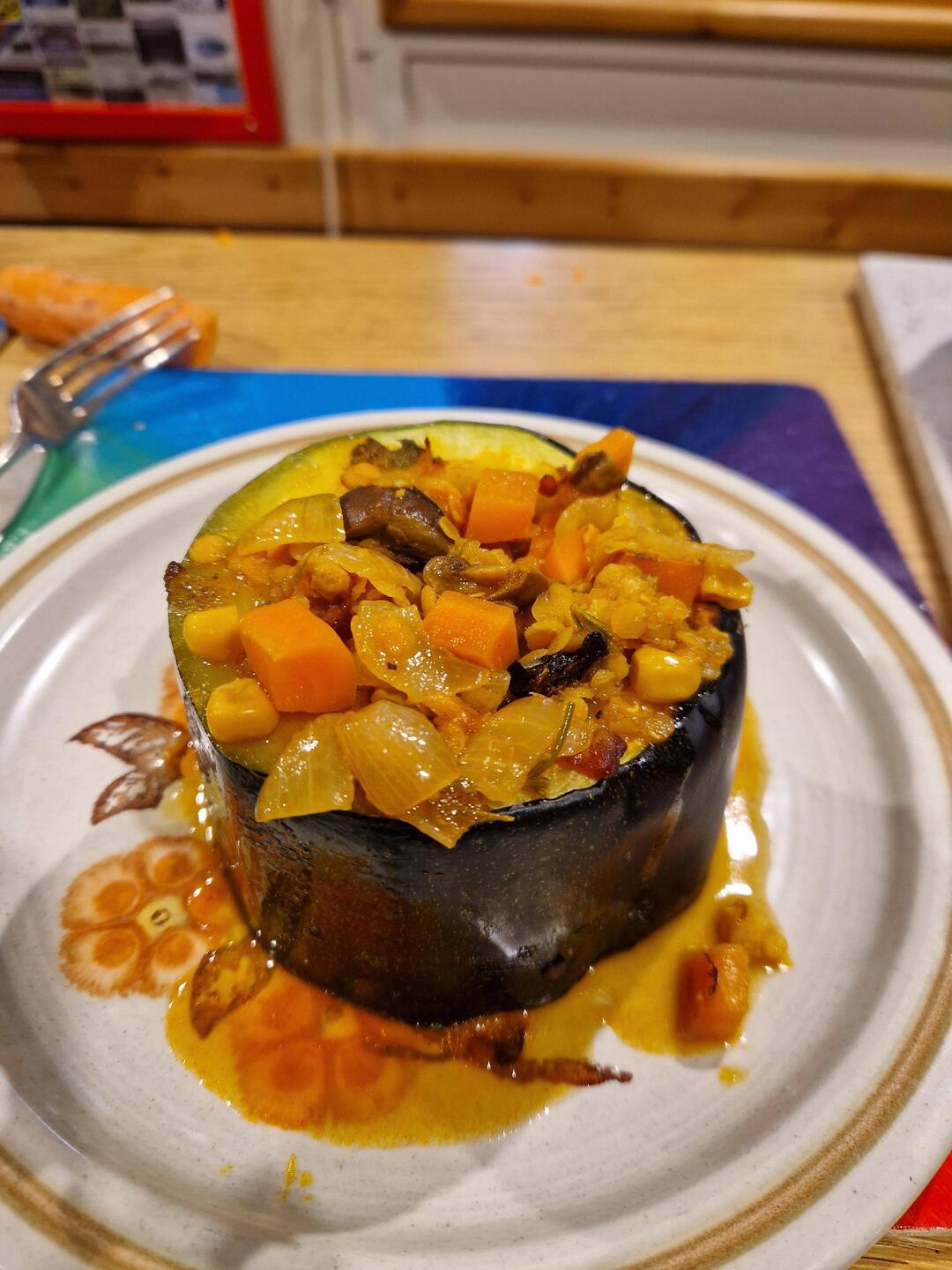 Wet and windy outside; just the weather for stuffed marrow from Sue and John's garden 😋
