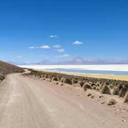 Die sandige Straße führte am Salzsee entlang, in den Lagunen waren Flamingos