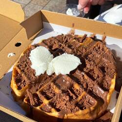 Katie indulged in a waffle with Belgian chocolate, flake and vanilla ice cream