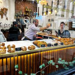 Breakfast coffee and buns at Lever & Bloom.