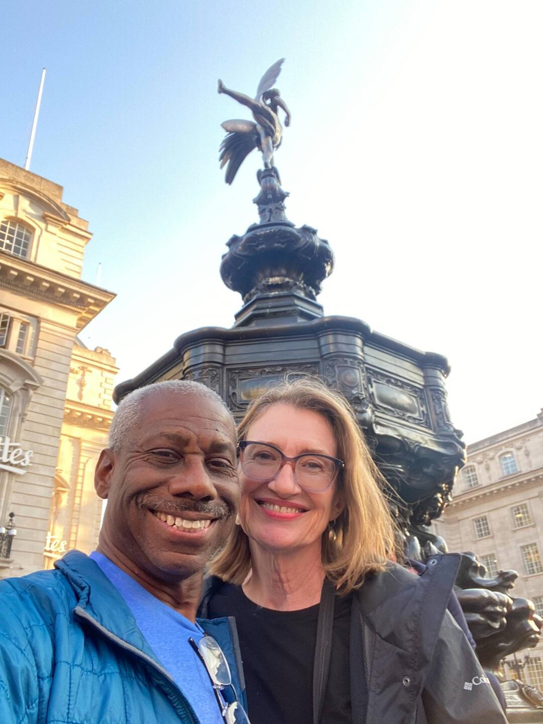 Amidst the swirling crowd at Piccadilly Square.