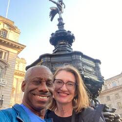 Amidst the swirling crowd at Piccadilly Square.
