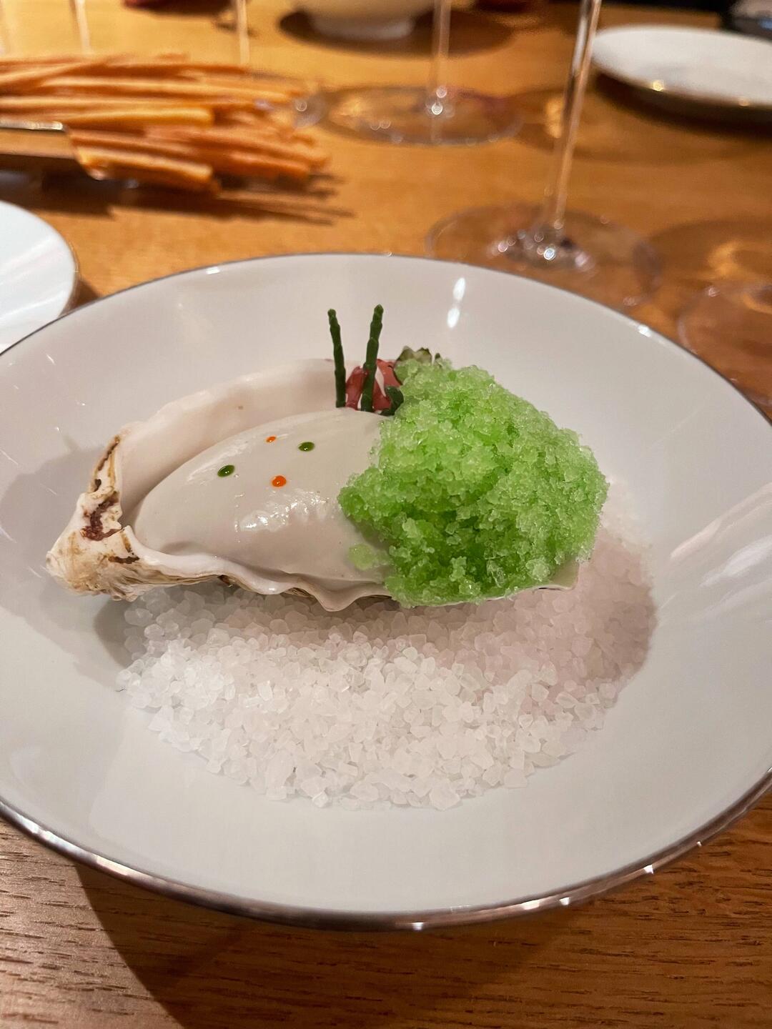 Oyster mousse with lamb and apple granita