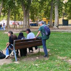 While Peter was stretching suddenly a whole group of school kids arrived