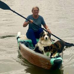 Returning to the boat. Luna's always first