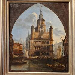 Het stadhuis in vroeger tijd bij een watersnood