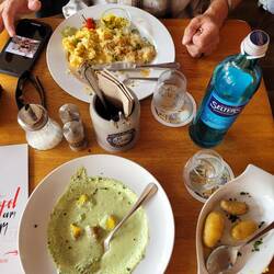 Brunch: Hardboiled eggs in a cold seasoned cream with parsley. I had brats