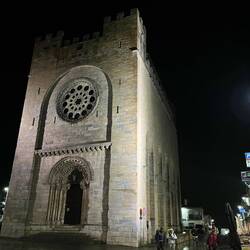 Portomarin church in the pre-dawn drizzle