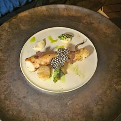 Oktopus und Jakobsmuschel mit Tabioka und Gemüse Creme