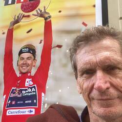 Primoz is still carrying around the trophy he won at the Vuelta a Espagne