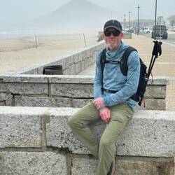 Misty mountain in background is Spain