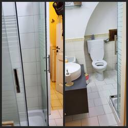 The bathroom is so narrow that the old boy has to enter sideways! 🤣