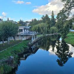 Looking towards the town with the church tower visible. Riverside cafe was open.