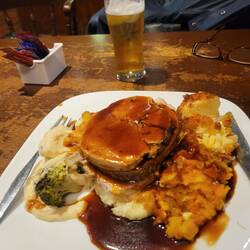 Sunday roast, turkey, ham, potatoes, stuffing, gravy and three different veg. Enough for 2