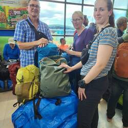 Our pile of bags. The Ikea bags from Amazon cover & protect our packs w extra room for purchases😉