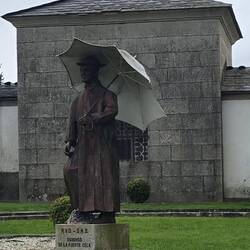 The parish priest who oversaw the rebuilding of the church. It rained for us when we visited as wel!
