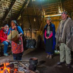 Dressed in traditional Mapuche clothes.