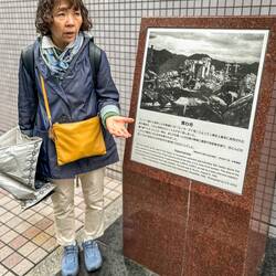 Our guide showing us the spot where the atomic bomb was dropped in Hiroshima