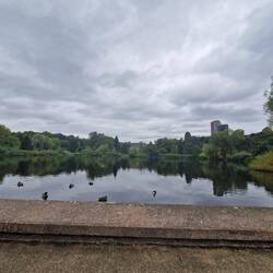 Looking back at the student village from the lake