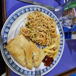 Dinner, pasta and veggies and spring role