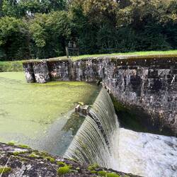 Canal d'Orleans. The defunct lock is a waterfall. I take a morning break here.