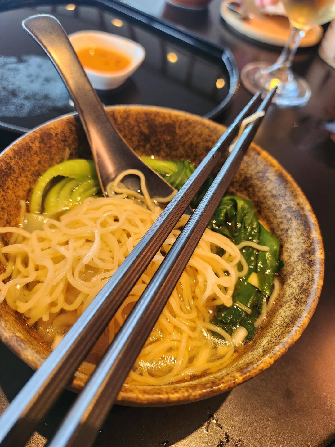 Freshly cooked noodles at the Cathay Lounge