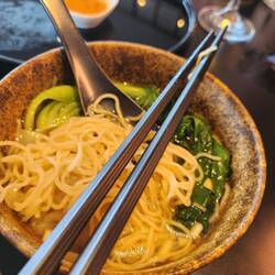 Freshly cooked noodles at the Cathay Lounge