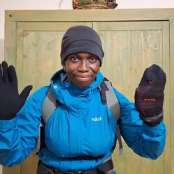 Carol lost her glove yesterday, so had to make do with one of my socks as a mitten.