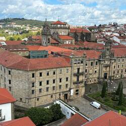 Looking down on our hotel. Entrance to the left of van.