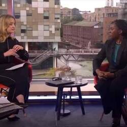 Screenshot from Laura's interview with Kemi Badenoch with Rainboat in the background