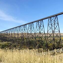 Big old railway bridge across the river and coulees in Lethbridge