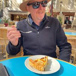 Ian about to dig into his Pear and Chocolate tart