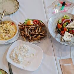 Lecker Essen. Melanzane, Anchowies, griechischer Salat und Tzaziki