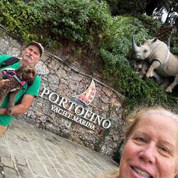 Sculpture garden with rhino in a sling!