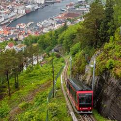 Floibanen funicular goes to the top of Mount Fløyen.
