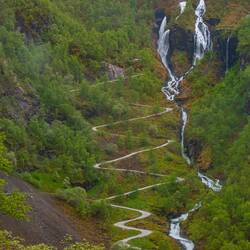 Multiple hairpin bends and zigzags as road climbs mountain between Flam and Myrdal.