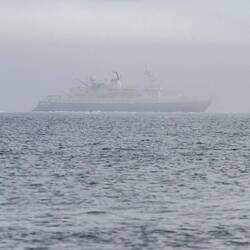 Our ship anchored off Kvitoya (White island) surronded by fog.