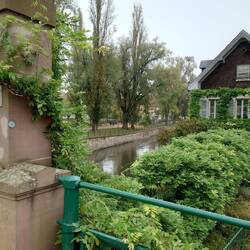 Durch das Tor links geht man Treppen hinunter und durch den überwachsenen Weg bis zum Haus.