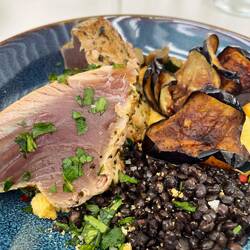Tuna, lentils and crispy eggplant