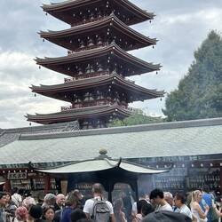 Outside Temple. Note prayer merchandise on sale in shops behind.