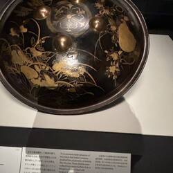 Sheild made of water buffalo hide from Bengal, decorated with lacquer in Japan, shipped to Europe