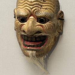 A Noh painted wood mask used in performances at festivals. Edo period C 1520-1540
