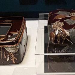 Writing Box with tray to hold brushes and ink. Decorated with seashell, lead, metallic dust. C.1658