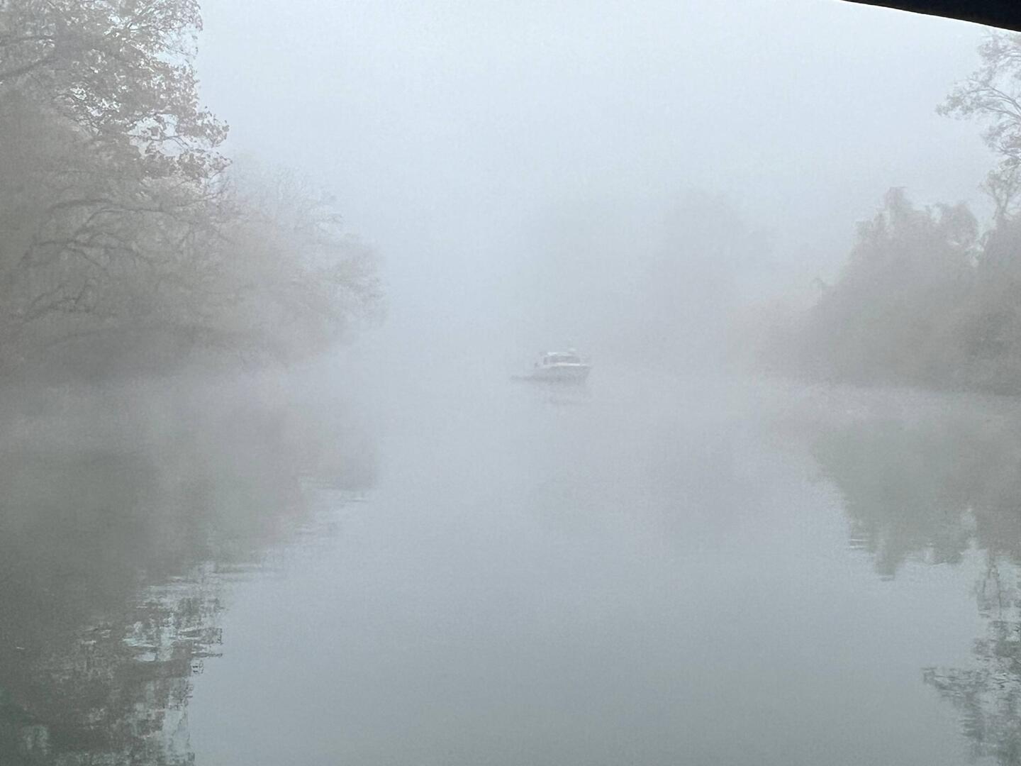 Mystery Girl 100' behind me at anchor this morning. Can't even see Sunbeam 100' behind him.