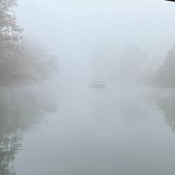 Mystery Girl 100' behind me at anchor this morning. Can't even see Sunbeam 100' behind him.