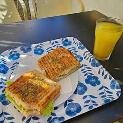 Tosti kip, tomaat, salade en ananassap.